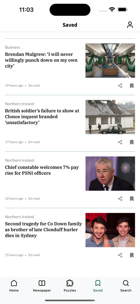 The Irish News Digital Edition - A screenshot of the saved articles section in The Irish News app displaying news headlines about business and Northern Ireland.