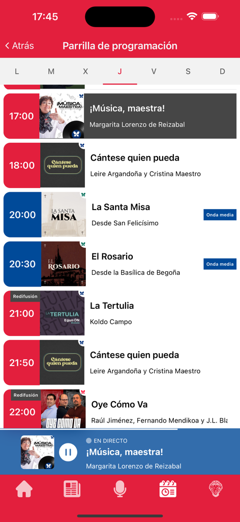 Pantalla del horario de programas de la aplicación Radio Popular que muestra las horas y títulos de los programas diarios.