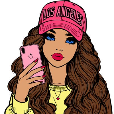 realistic beautiful girl wearing los ángeles cap holding an iphone