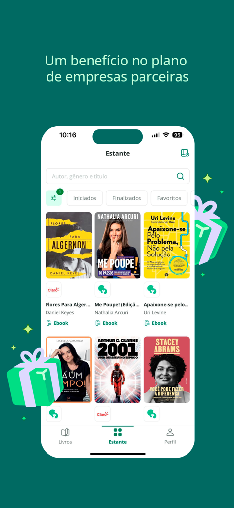Der Bücherregal-Bildschirm der Skeelo App, der verschiedene E-Books und Hörbücher anzeigt, die über Partner verfügbar sind.
