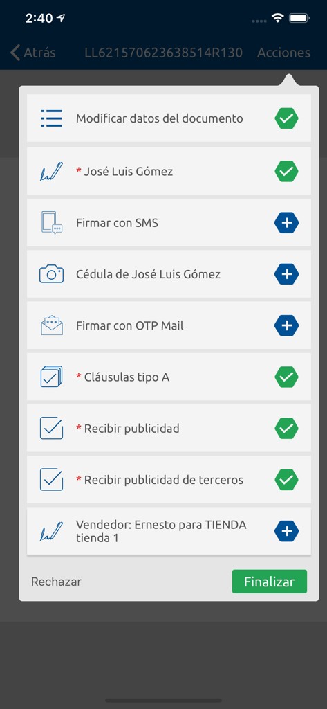 A checklist in the Viafirma Documents app showing document signing options and verification steps.