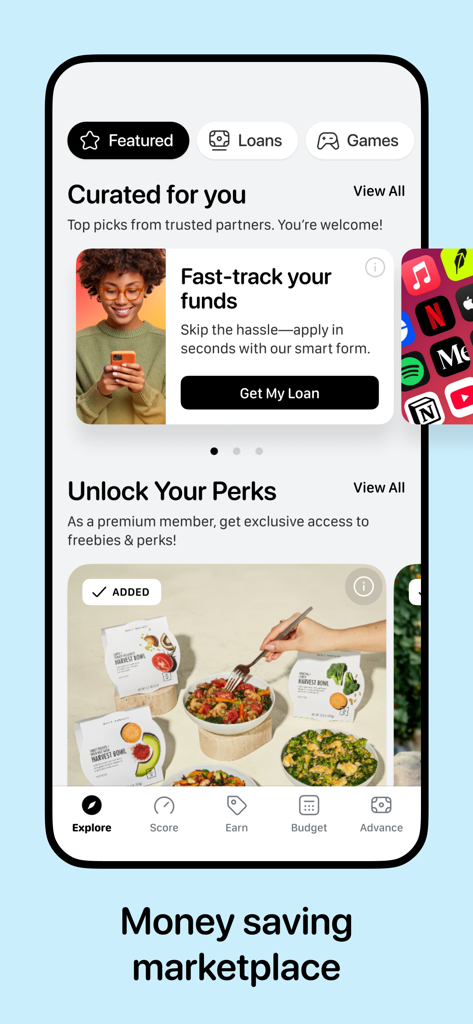 True Finance app marketplace screen showing curated loan offers and premium member perks for saving money