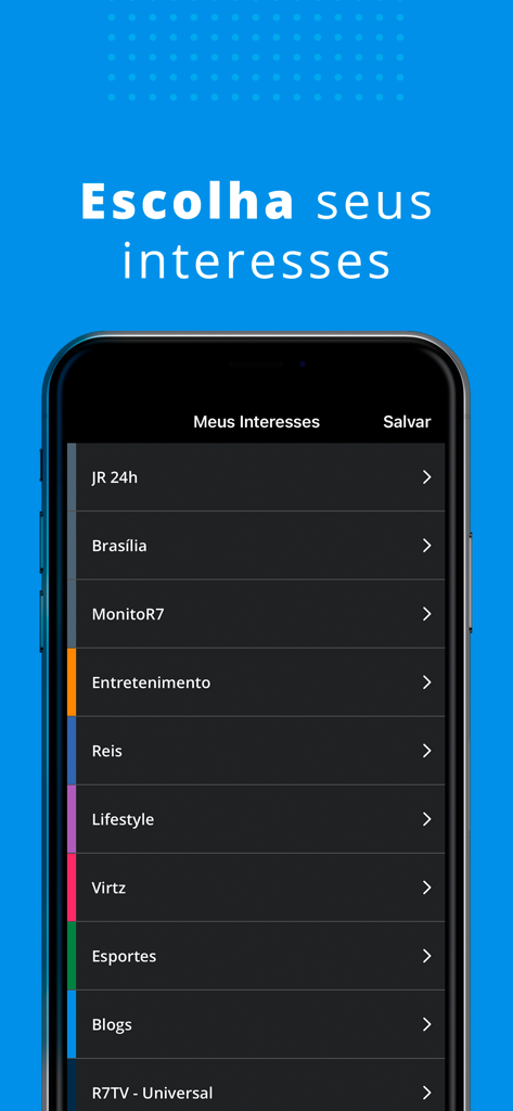 Tela de personalização no app de notícias R7 para selecionar tópicos de interesse, como esportes e entretenimento.