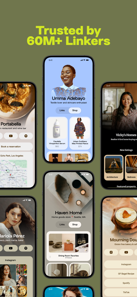 Une collection d'écrans d'iPhone présentant diverses pages de liens dans la bio Linktree personnalisées pour les créateurs et les petites entreprises.