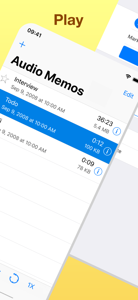 Recording list in Audio Memos app showing interview and task memos with durations