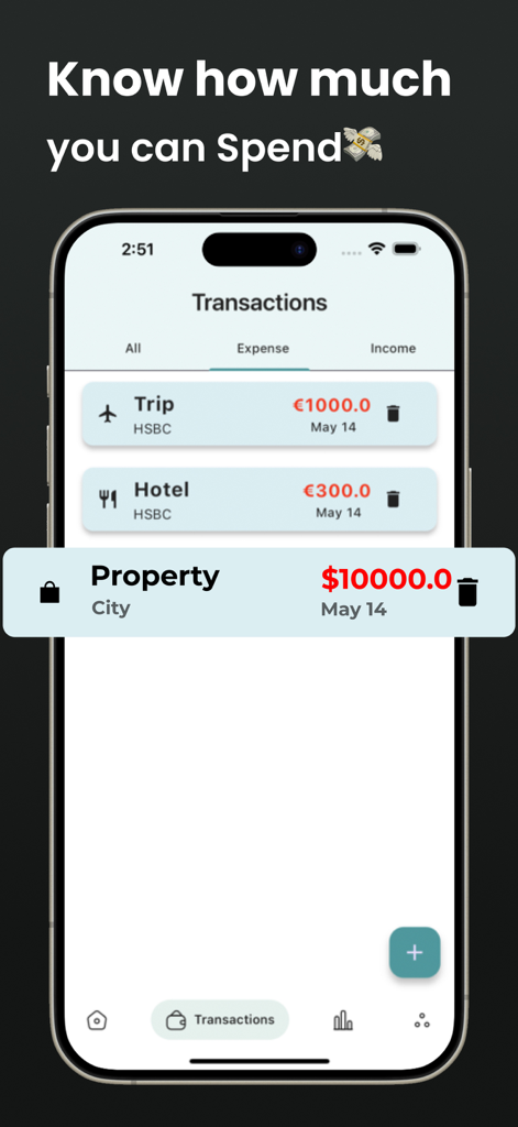 Budget Planner・Expense Manager - iPhone screenshot of the Budget Planner app showing a list of categorized expenses including travel and property costs