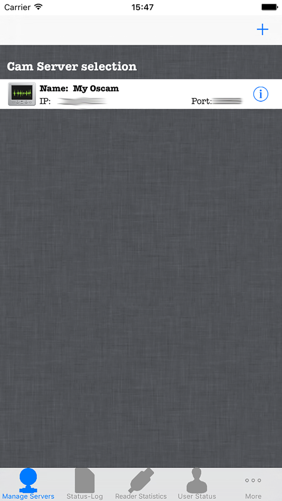OSCam Viewer - Interface OSCam Viewer montrant l'écran de sélection du serveur de cam