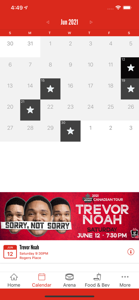 Calendar view of the Rogers Place app showing upcoming event dates and a Trevor Noah concert banner.