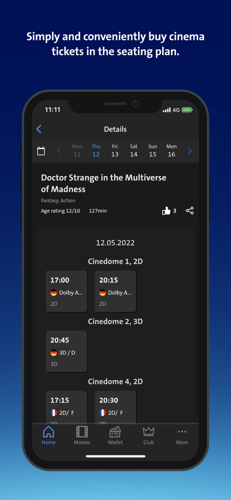 Swisscom blue Cinemaアプリのスクリーン。日付選択と映画館の詳細とともに、「ドクター・ストレンジ／マルチバース・オブ・マッドネス」の上映時間を示しています。
