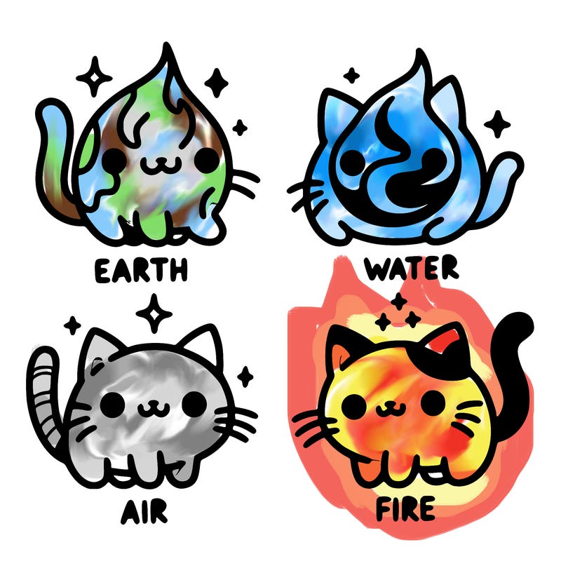 4 cats that represent the different elements, earth, water, air, and fire