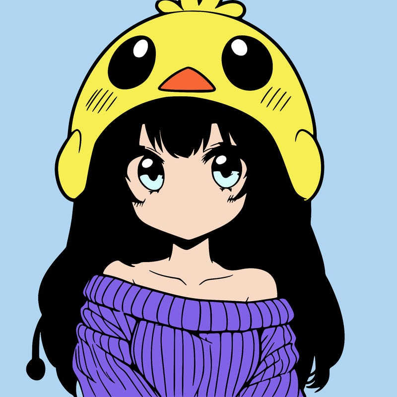 anime girl with chick shaped hat with sweater with bare shoulders with bangs covering them one eye with low tail