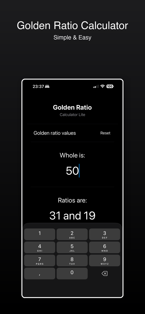 Interface of the Golden Ratio Calculator Lite app showing a calculation for the value fifty on a dark mode screen