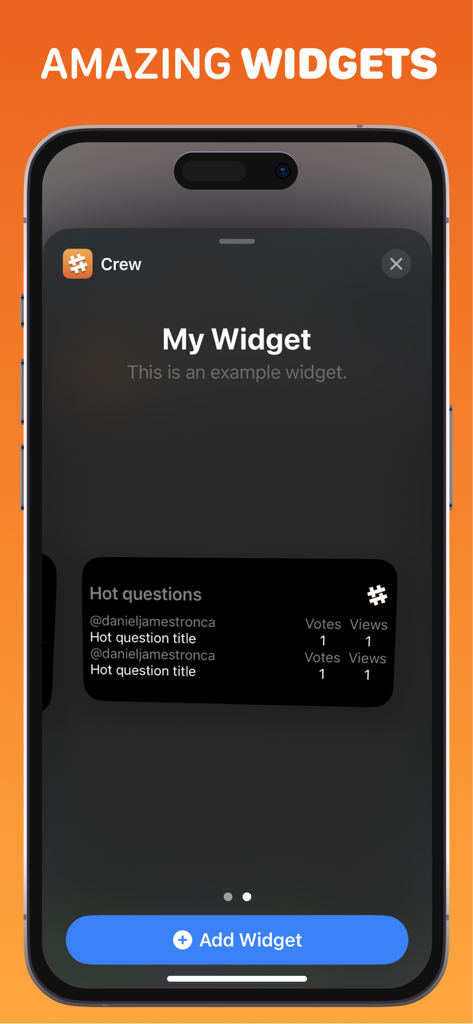 Crew - Stack Overflow Code Q&A - Crew app home screen widget showing hot Stack Overflow questions