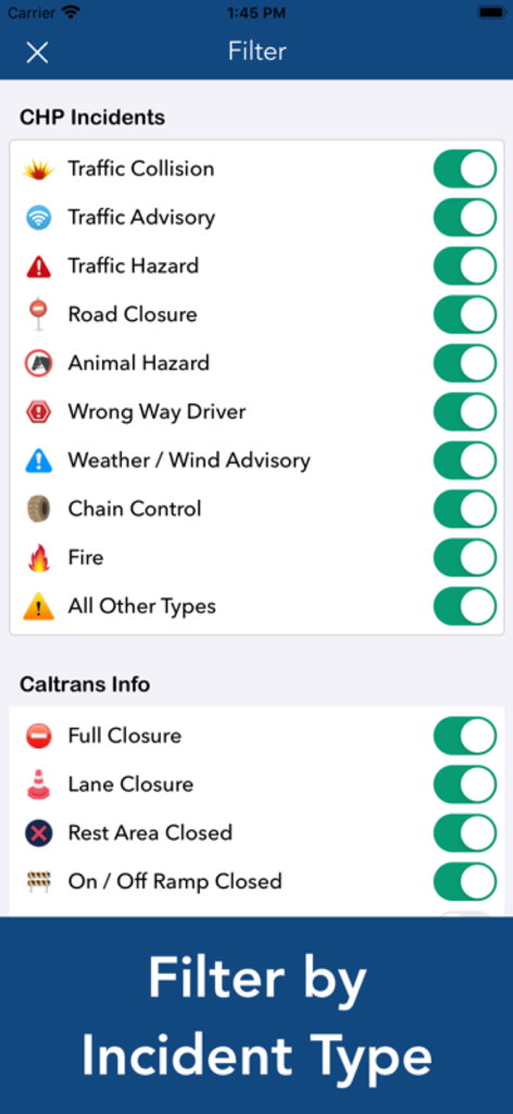 California 511 Road Conditions - California 511 app screen showing filters for road incidents and closures