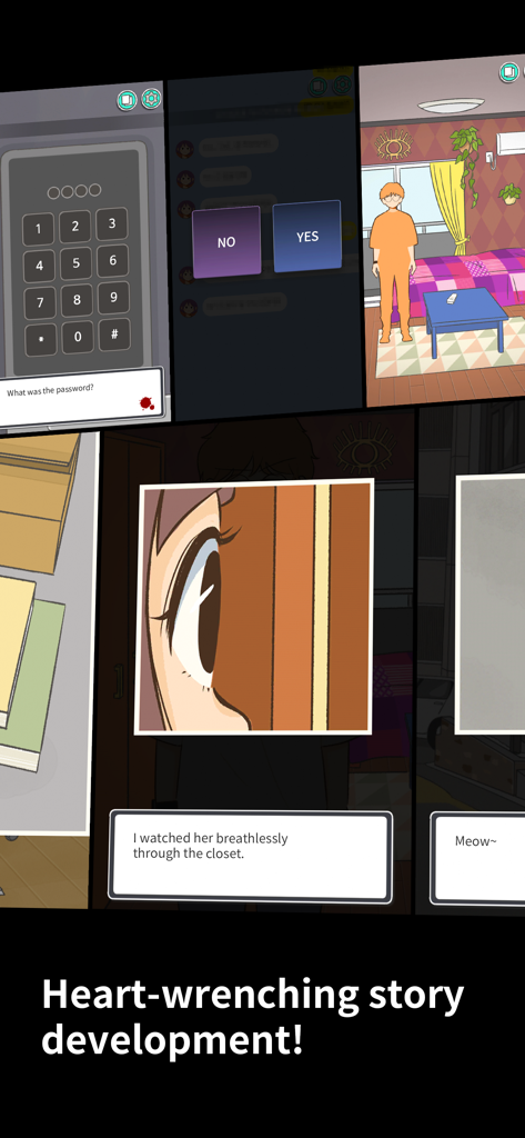 Vanished Anniversary - Un collage de capturas de pantalla del juego de la novela visual Vanished Anniversary que presenta acertijos de misterio y elecciones basadas en la historia.