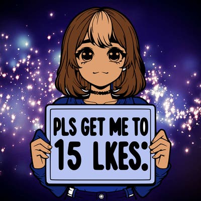 realistic girl holding up a sign that says “pls get me to 15 likes!”
