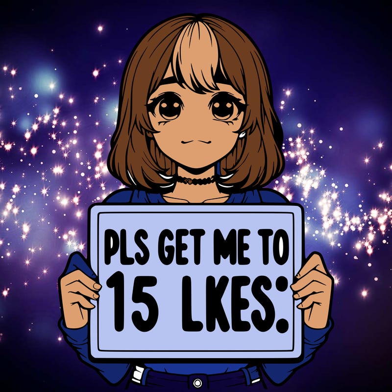realistic girl holding up a sign that says “pls get me to 15 likes!”
