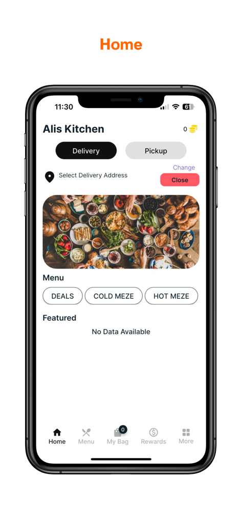 Écran d'accueil de l'application mobile Cheese and Pasta Co avec options de livraison et de retrait