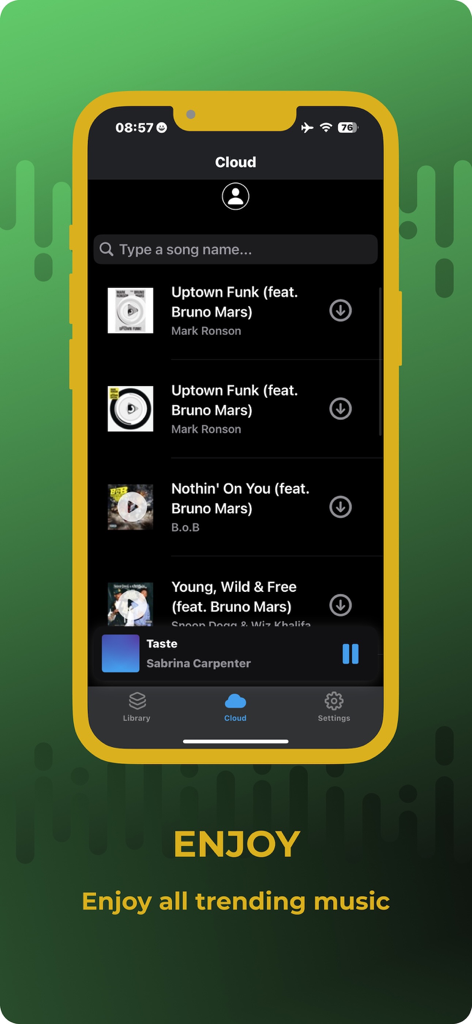 Premium Music Offline Player - A mobile app interface showing a list of trending songs in the cloud search tab of the Premium Music Offline Player app.