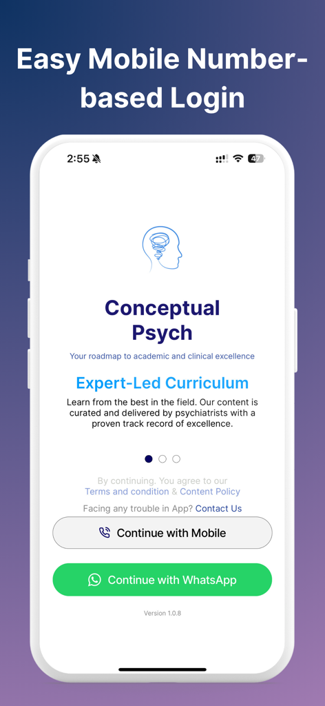 Conceptual Psych - Conceptual Psych app login screen featuring options to continue with mobile number or WhatsApp.