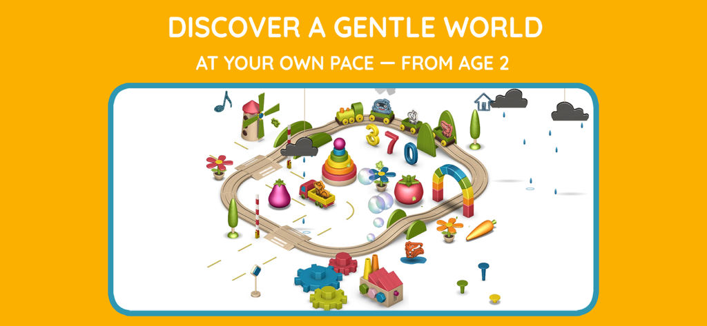 Pango Playground for kids - A colorful digital playground for toddlers featuring a train track and interactive toy cubes