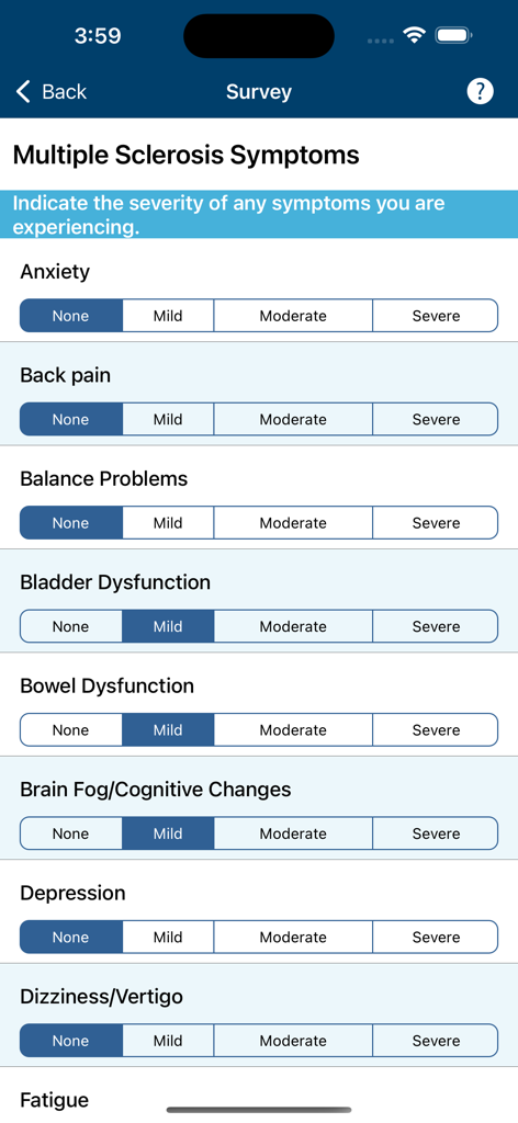 MSAA—My MS Manager - Symptom survey screen in the MSAA My MS Manager app showing severity levels for Multiple Sclerosis symptoms