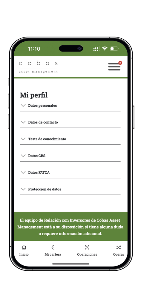 Menú de configuración de perfil de la aplicación móvil de Cobas AM que muestra opciones de datos personales y de cuenta.