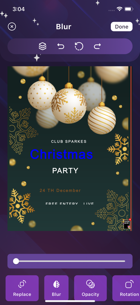 Poster Maker | Flyer Creator - Poster Maker app interface showing a Christmas party flyer template and a blur adjustment tool.