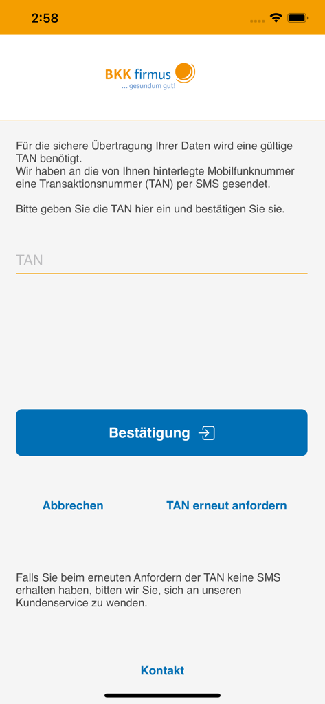 BKK firmus app SMS verification screen for secure login and data transfer