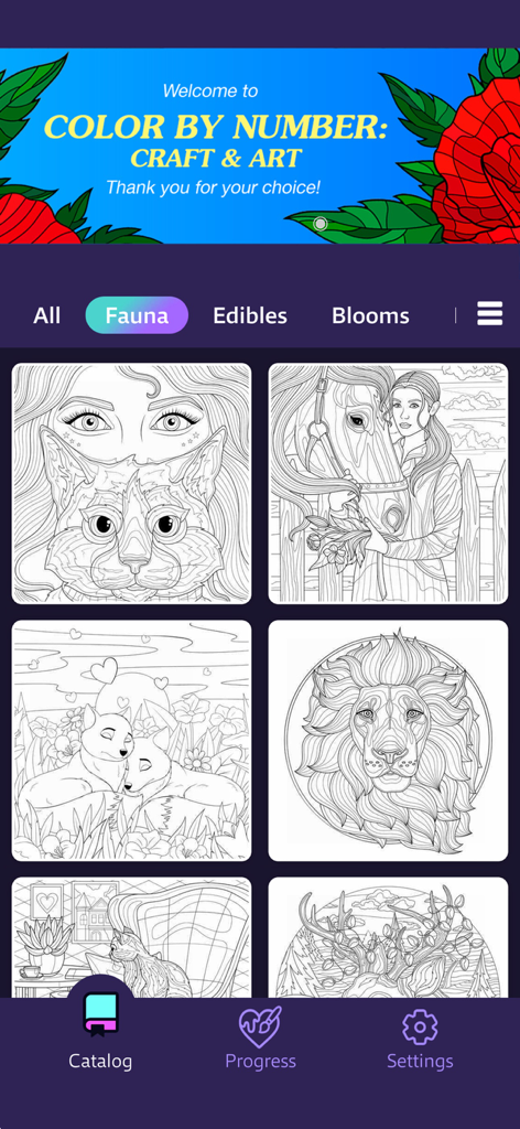 Color by Number: Craft & Art - L'application Color by Number Craft and Art montrant une galerie de pages à colorier d'animaux
