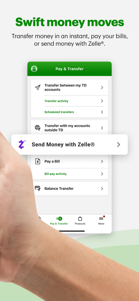 TD Bank (US) - Écran de l'application mobile TD Bank affichant les options de virements d'argent instantanés et de paiements de factures via Zelle