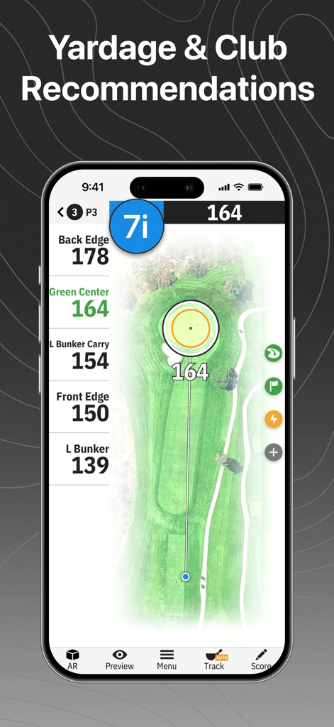 Golfshot app on iPhone showing yardage distances to the green and a club recommendation