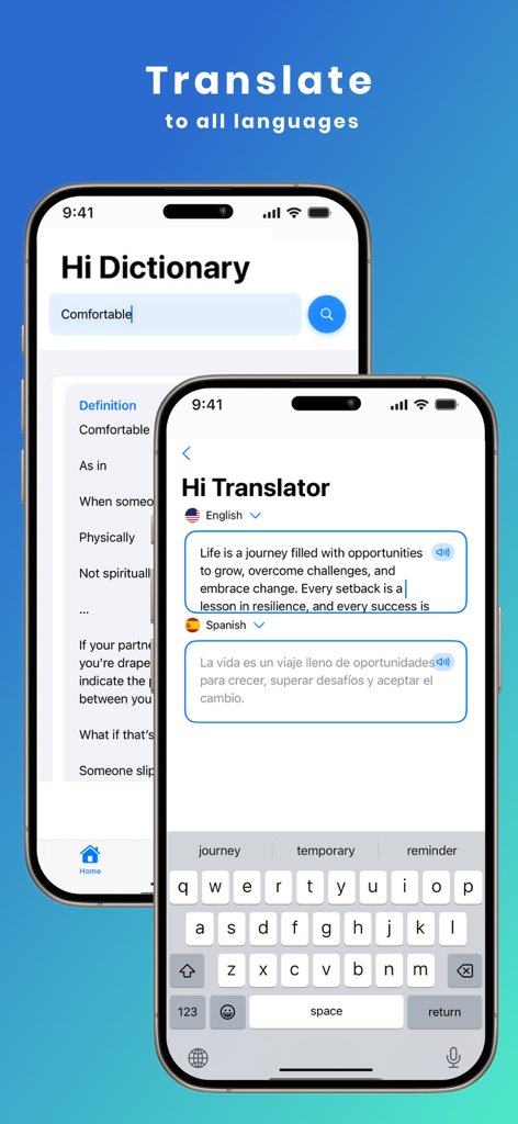 Hi Dictionary - Translate - Screenshots of the Hi Dictionary app showing word definitions and English to Spanish translation on iPhone screens.