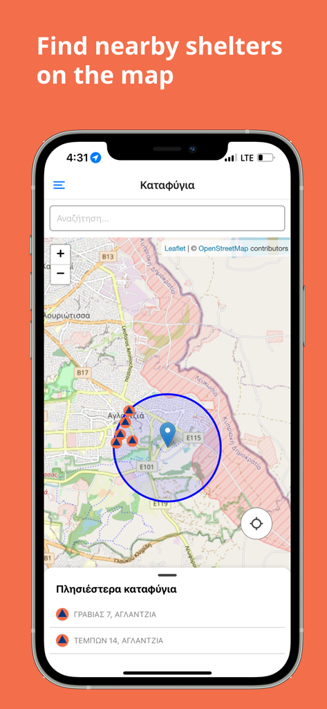 SafeCY - SafeCY app interface displaying a map with nearby emergency shelters and user location markers