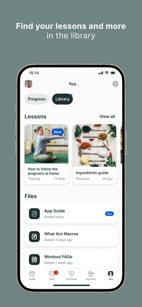 The library section of the Lenus eHealth app featuring lessons and guide files