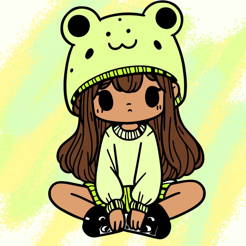 a girl wearing a frog hat and some frog socks