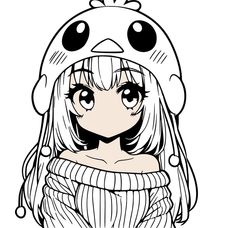 anime girl with chick shaped hat with sweater with bare shoulders with bangs covering them one eye with low tail