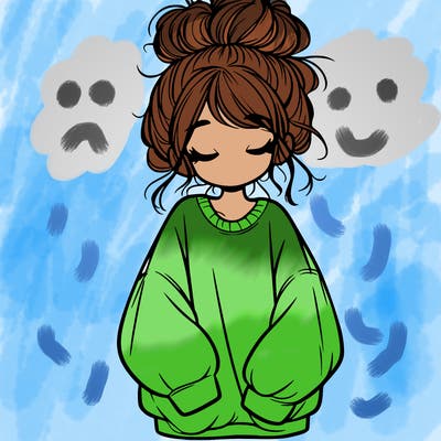 girl with baggy sweatshirt and messy bun