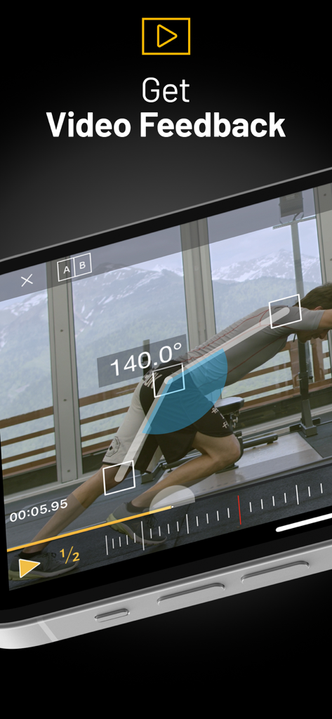 myDartfish Express: Coach App - Interfaz de la aplicación myDartfish Express que muestra el análisis de ángulos biomecánicos en un atleta para comentarios de vídeo