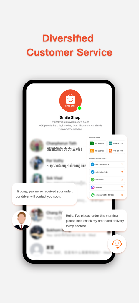 Smile Shop app showing diversified customer service with multilingual chat support and contact methods