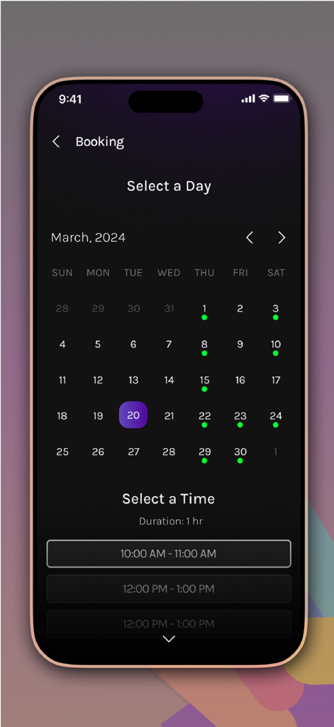 Howwe - Howwe app interface showing a calendar and time selection for booking an entertainer.