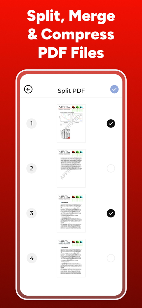 PDF Maker - Convert to PDF - User interface of the PDF Maker app showing the split PDF feature with page selection