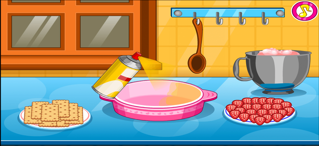 Cooking Games Baking Lasagna - A cooking game interface showing a spray can preparing a pink baking dish with strawberries and crackers on the counter