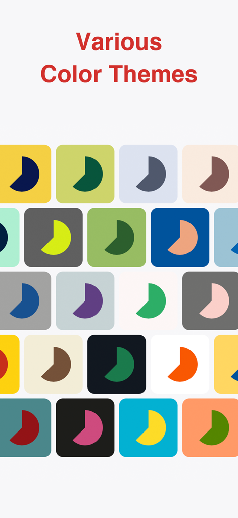 Ultimate Focus - Visual Timer - Ein Raster aus verschiedenen bunten App-Symbolen und Themen für die Ultimate Focus visueller Timer App.
