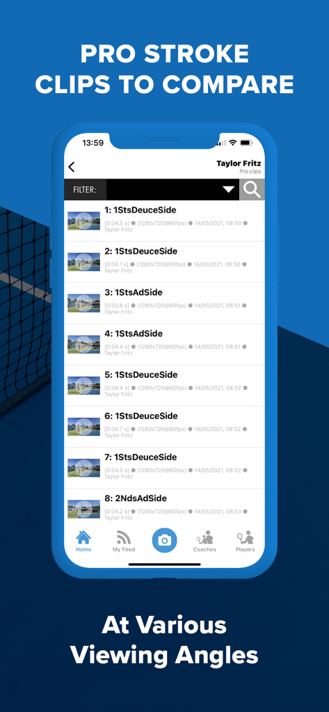 Full Court Tennis - Full Court Tennis app displaying a list of professional stroke clips for video comparison.