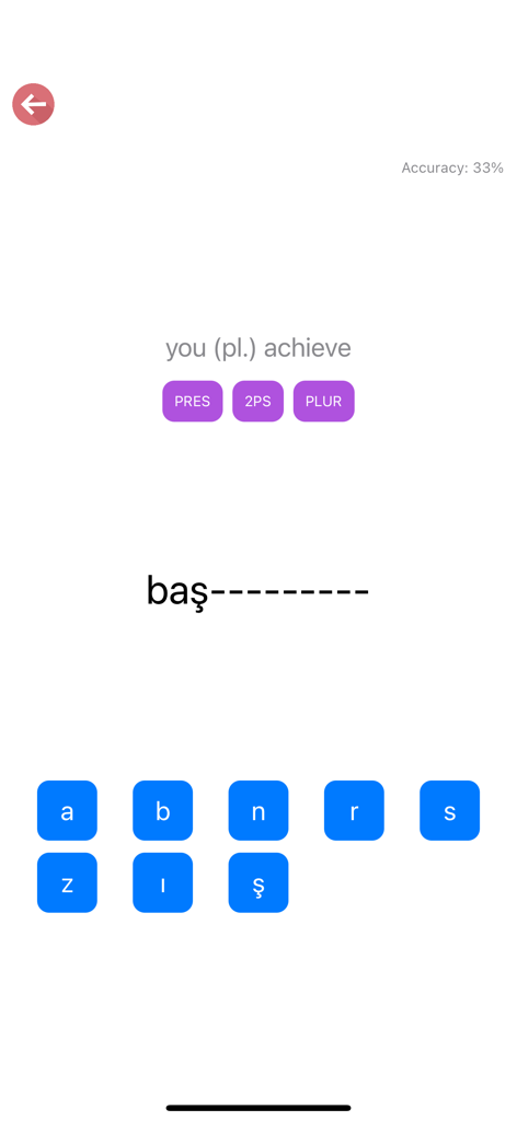 Pantalla de cuestionario de rellenar huecos para practicar la conjugación de verbos turcos.