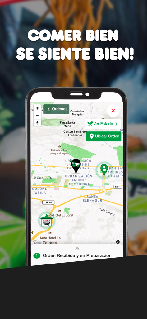 China Wok El Salvador mobile app showing real-time delivery tracking on a map