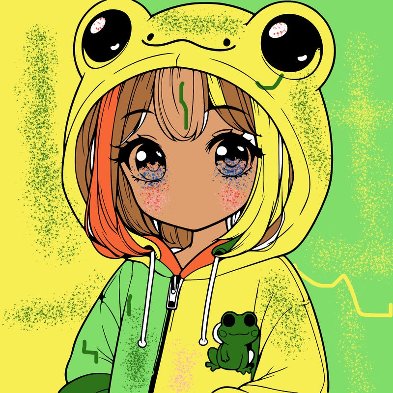 cute realistic girl in a froggy hoodie