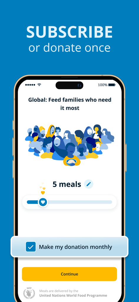 ShareTheMeal의 모바일 앱 인터페이스: 5끼 식사 기부를 위한 슬라이더와 월별 기부 체크박스 표시