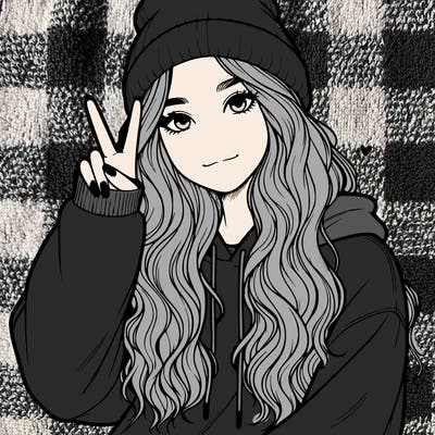 a teenage girl in a beanie, oversized sweatshirt, wavy long hair, and is showing a ✌️